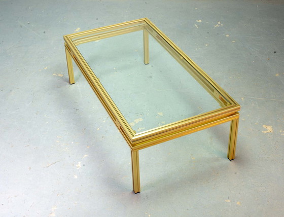 Image 1 of Pierre Vandel Messing Geborsteld Aluminium Salontafel Mid Century Design met Glazen Bovenblad, Frankrijk, 1970