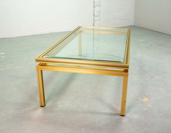 Image 1 of Pierre Vandel Messing Geborsteld Aluminium Salontafel Mid Century Design met Glazen Bovenblad, Frankrijk, 1970