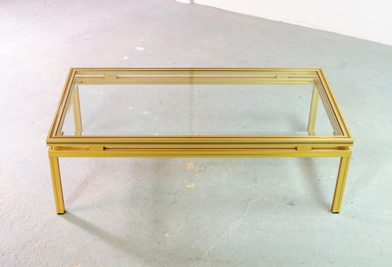 Image 1 of Pierre Vandel Messing Geborsteld Aluminium Salontafel Mid Century Design met Glazen Bovenblad, Frankrijk, 1970