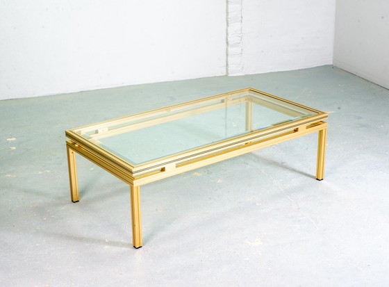 Image 1 of Pierre Vandel Messing Geborsteld Aluminium Salontafel Mid Century Design met Glazen Bovenblad, Frankrijk, 1970