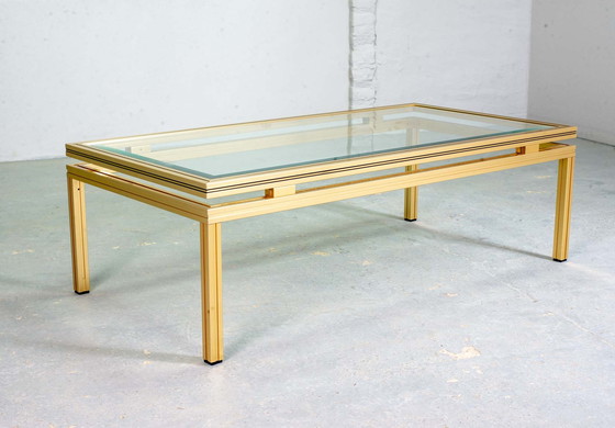 Image 1 of Pierre Vandel Messing Geborsteld Aluminium Salontafel Mid Century Design met Glazen Bovenblad, Frankrijk, 1970