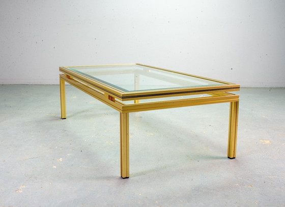 Image 1 of Pierre Vandel Messing Geborsteld Aluminium Salontafel Mid Century Design met Glazen Bovenblad, Frankrijk, 1970