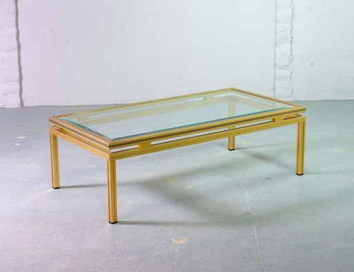 Pierre Vandel Messing Geborsteld Aluminium Salontafel Mid Century Design met Glazen Bovenblad, Frankrijk, 1970