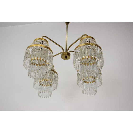 Image 1 of Vintage kroonluchter van messing en kristal uit Zeleznobrodské Sklo, Tsjecho-Slowakije 1950