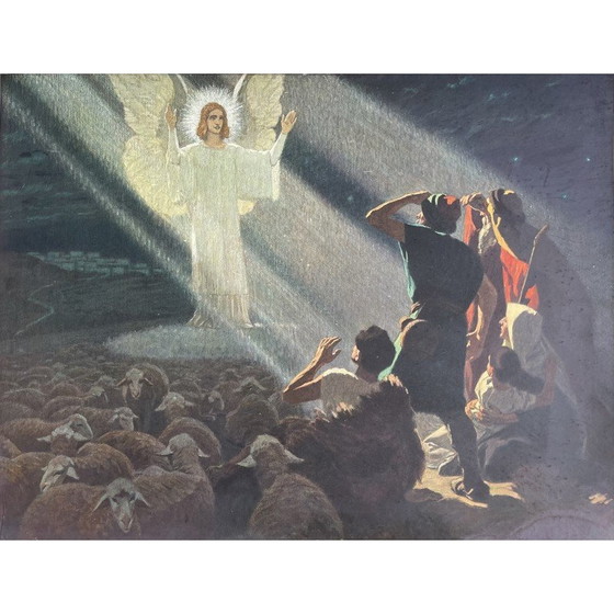 Image 1 of Vintage ingelijste prent van de aankondiging van engel Gabriël aan de herders