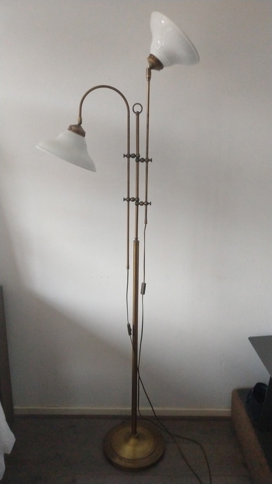 Image 1 of Vintage Messing Vloerlamp Met Metalen Emaille Kappen