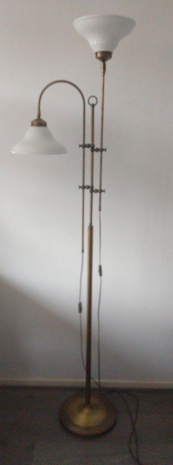 Image 1 of Vintage Messing Vloerlamp Met Metalen Emaille Kappen