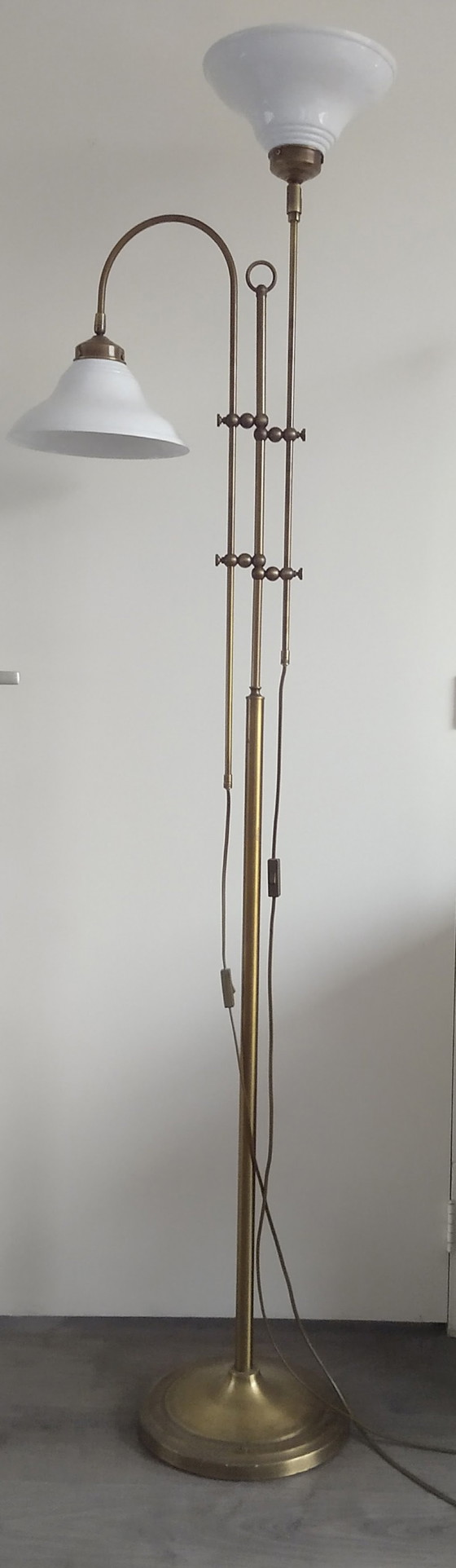 Image 1 of Vintage Messing Vloerlamp Met Metalen Emaille Kappen