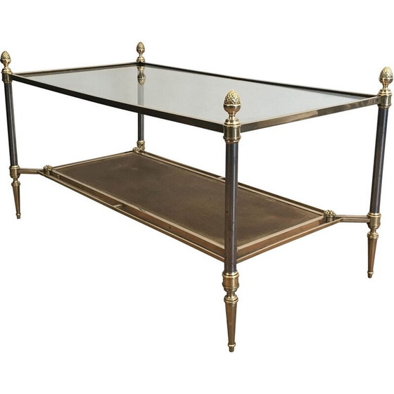 Image 1 of Vintage messing en geborsteld stalen salontafel met leren bladen en helder neoklassiek glas, 1940