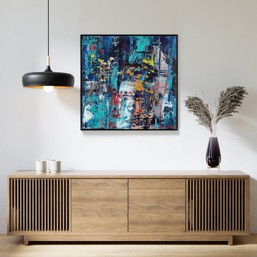 Frances Eckhardt - Abstract modern blauw schilderij 50x50 + lijst 1/2