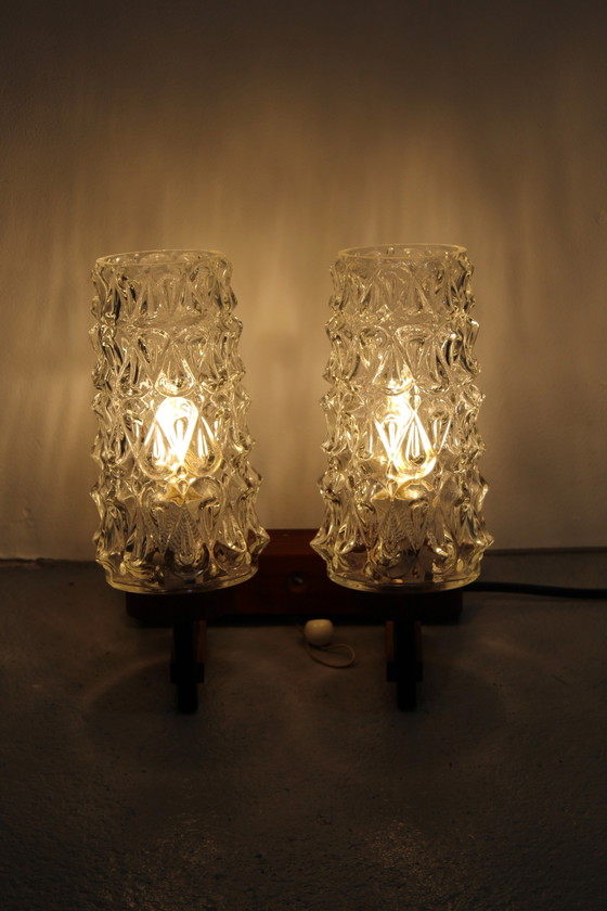 Image 1 of Vintage dubbele wandlamp - hout, glas jaren '60