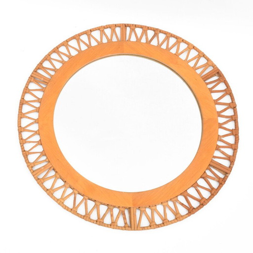 Vintage rieten wandspiegel, Denemarken 1970