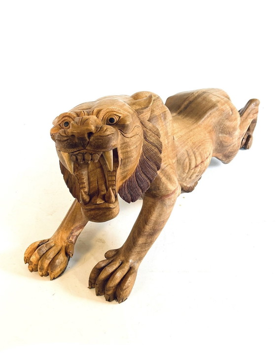 Image 1 of Xl Handbewerkte Houten Tijger 