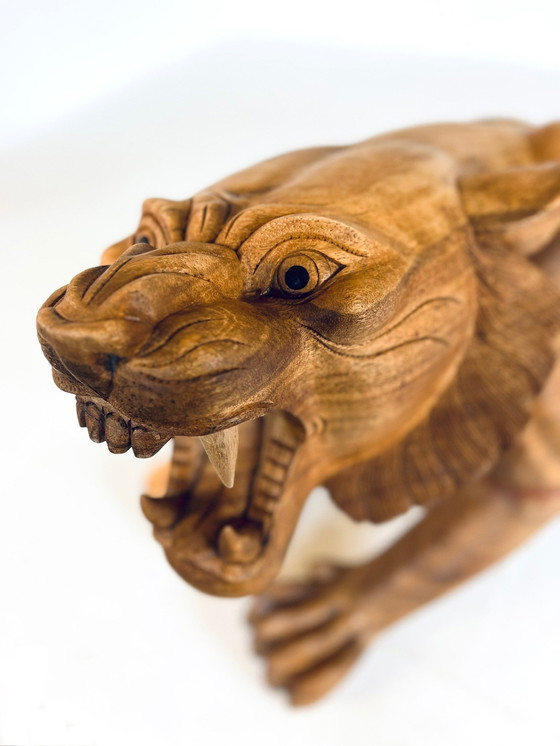 Image 1 of Xl Handbewerkte Houten Tijger 