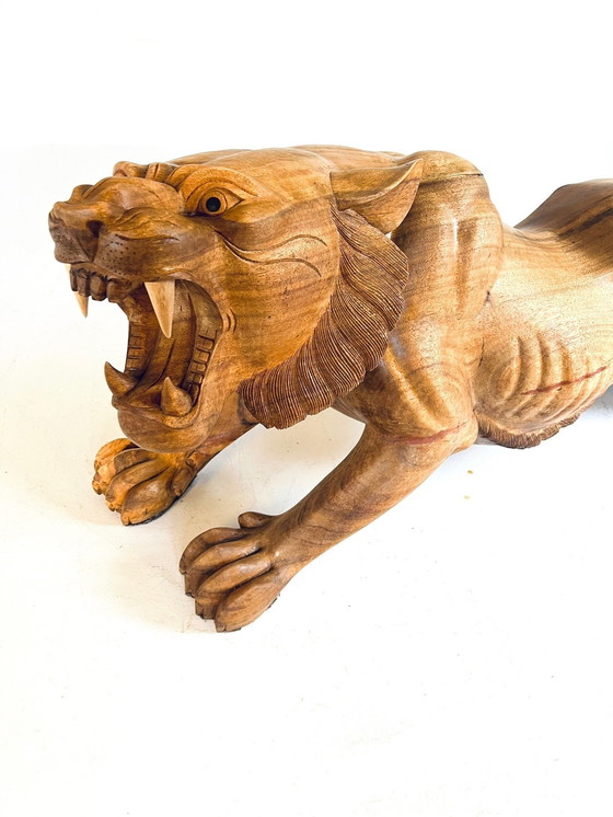 Image 1 of Xl Handbewerkte Houten Tijger 