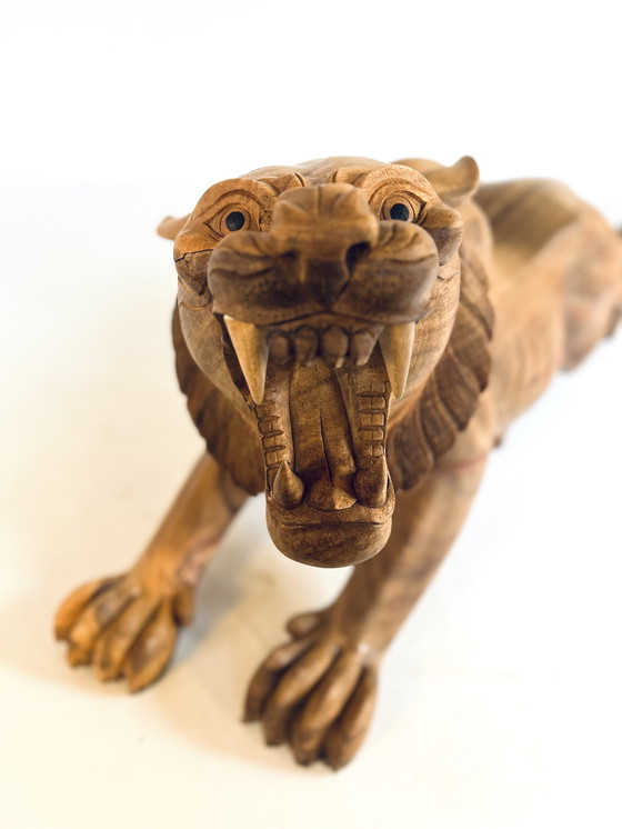 Image 1 of Xl Handbewerkte Houten Tijger 