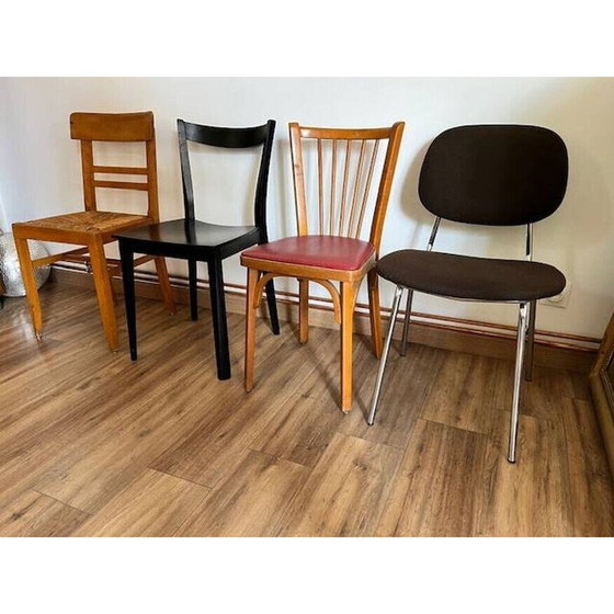 Image 1 of Set van 4 mismatched vintage stoelen van hout en metaal