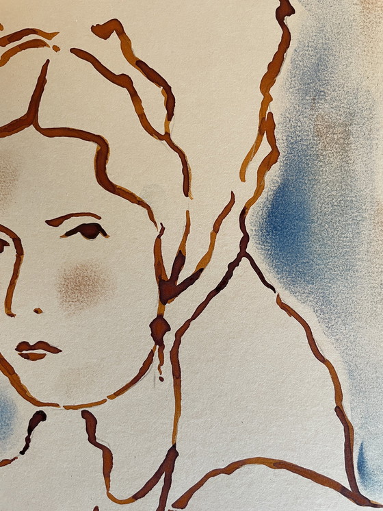 Image 1 of Schilderij Inkt Pastel Portret Vrouw De Hoofdtooi Art Deco