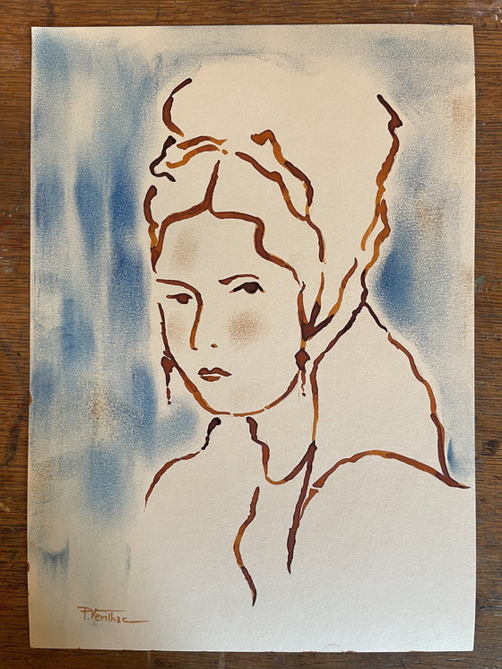 Image 1 of Schilderij Inkt Pastel Portret Vrouw De Hoofdtooi Art Deco
