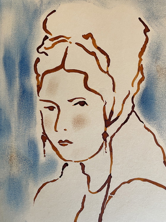 Image 1 of Schilderij Inkt Pastel Portret Vrouw De Hoofdtooi Art Deco
