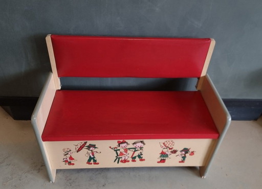 2140 Vintage Houten Kist Kinderbankje Klepbankje