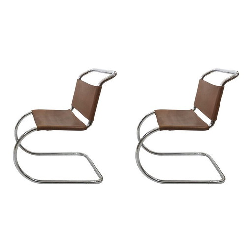 Paar Ludwig Mies Van Der Rohe MR10 Leer en Chroom Eetkamerstoelen