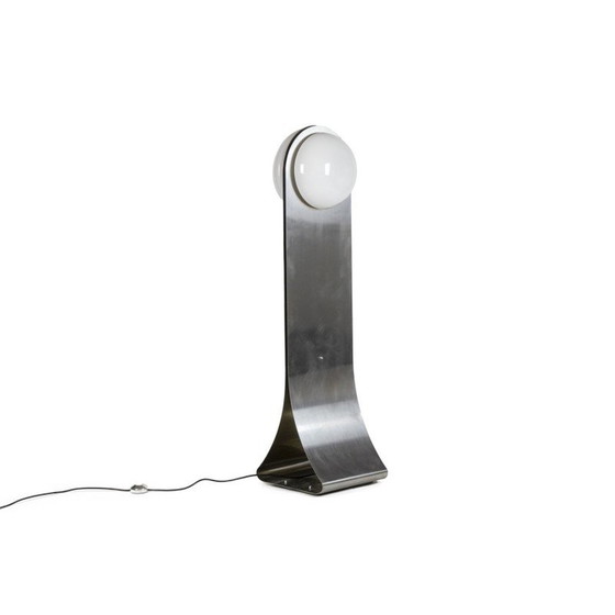 Image 1 of Vintage vloerlamp in geborsteld metaal en opaline, Frankrijk 1970