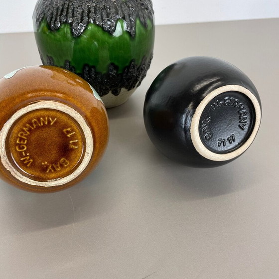 Image 1 of Set van 3 vintage veelkleurige vette lava Op Art aardewerk vazen door Bay Ceramics, Duitsland 1970