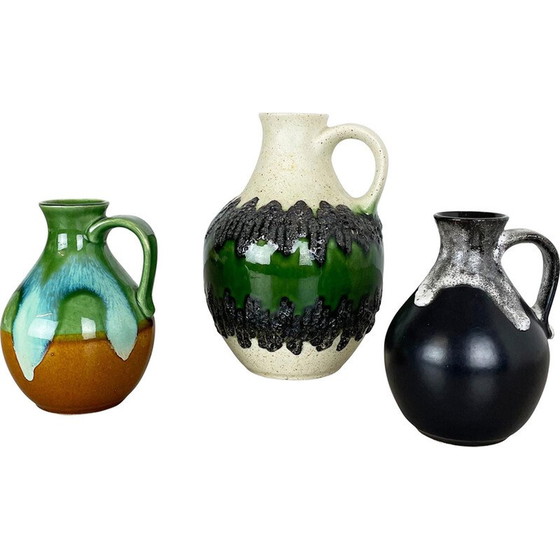 Image 1 of Set van 3 vintage veelkleurige vette lava Op Art aardewerk vazen door Bay Ceramics, Duitsland 1970