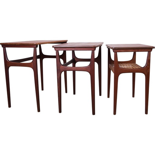 Vintage Deense teak en rieten nesttafels door Erling Torvits voor Heltborg Mobler, 1960