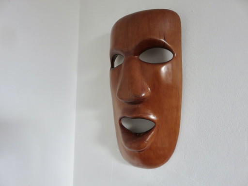 Massief teakhouten masker, wanddecoratie, 1960