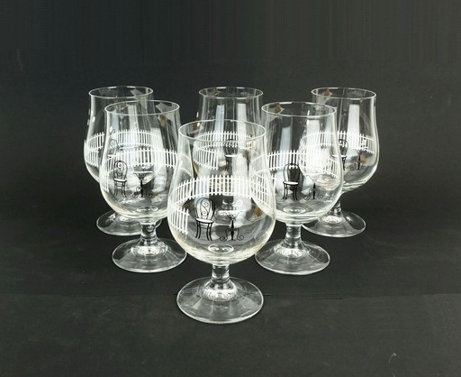 set van 6 mid century COCKTAIL GLASSES met prachtig decor jaren 1950 1960 glazen