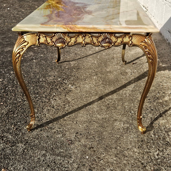 Image 1 of Franse Vintage Rechthoekige Groene Onyx Marmer & Brons Salontafel-Kocktailtafel-Style Louis Xv-70S