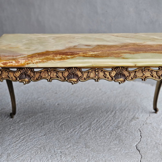 Image 1 of Franse Vintage Rechthoekige Groene Onyx Marmer & Brons Salontafel-Kocktailtafel-Style Louis Xv-70S