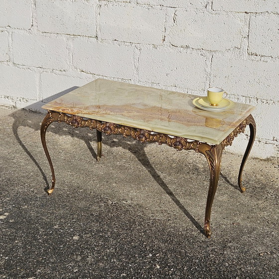 Image 1 of Franse Vintage Rechthoekige Groene Onyx Marmer & Brons Salontafel-Kocktailtafel-Style Louis Xv-70S