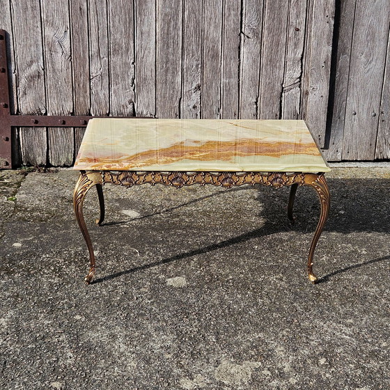 Image 1 of Franse Vintage Rechthoekige Groene Onyx Marmer & Brons Salontafel-Kocktailtafel-Style Louis Xv-70S