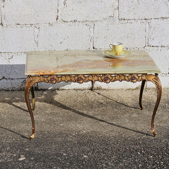 Image 1 of Franse Vintage Rechthoekige Groene Onyx Marmer & Brons Salontafel-Kocktailtafel-Style Louis Xv-70S