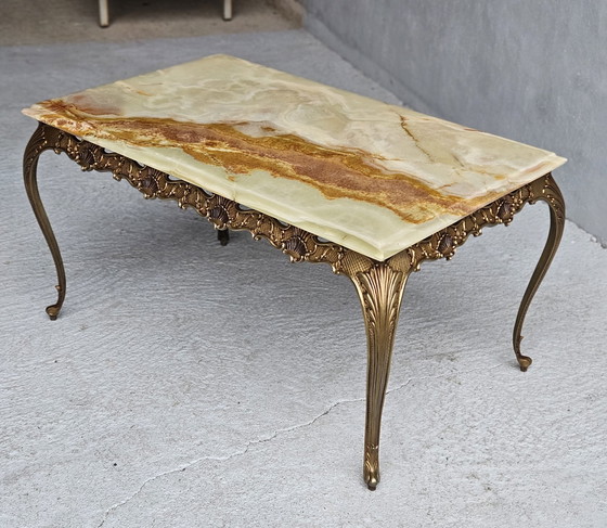 Image 1 of Franse Vintage Rechthoekige Groene Onyx Marmer & Brons Salontafel-Kocktailtafel-Style Louis Xv-70S