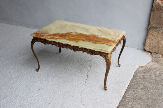 Image 1 of Franse Vintage Rechthoekige Groene Onyx Marmer & Brons Salontafel-Kocktailtafel-Style Louis Xv-70S