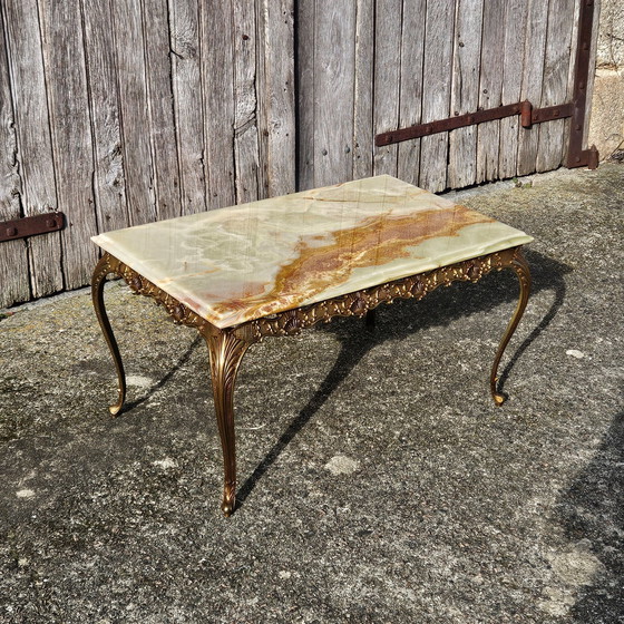 Image 1 of Franse Vintage Rechthoekige Groene Onyx Marmer & Brons Salontafel-Kocktailtafel-Style Louis Xv-70S