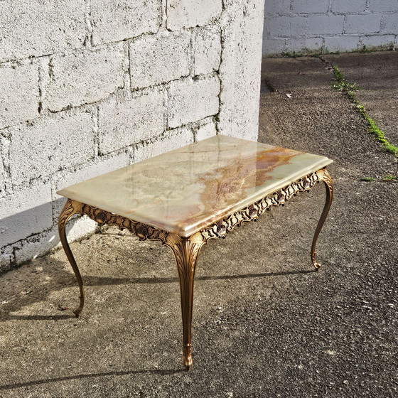 Image 1 of Franse Vintage Rechthoekige Groene Onyx Marmer & Brons Salontafel-Kocktailtafel-Style Louis Xv-70S