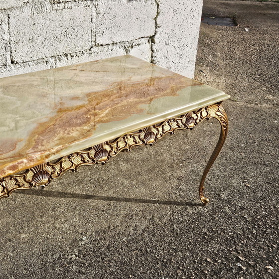 Image 1 of Franse Vintage Rechthoekige Groene Onyx Marmer & Brons Salontafel-Kocktailtafel-Style Louis Xv-70S