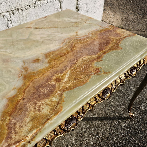 Image 1 of Franse Vintage Rechthoekige Groene Onyx Marmer & Brons Salontafel-Kocktailtafel-Style Louis Xv-70S