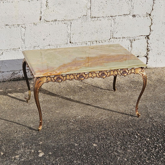 Image 1 of Franse Vintage Rechthoekige Groene Onyx Marmer & Brons Salontafel-Kocktailtafel-Style Louis Xv-70S