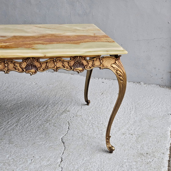 Image 1 of Franse Vintage Rechthoekige Groene Onyx Marmer & Brons Salontafel-Kocktailtafel-Style Louis Xv-70S