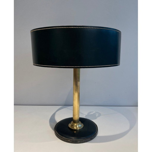 Vintage zwart lederen en messing bureaulamp, 1970