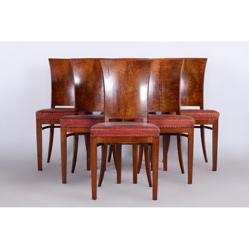 Set van 6 vintage Art Deco stoelen van walnoot en rood leer, Frankrijk 1920