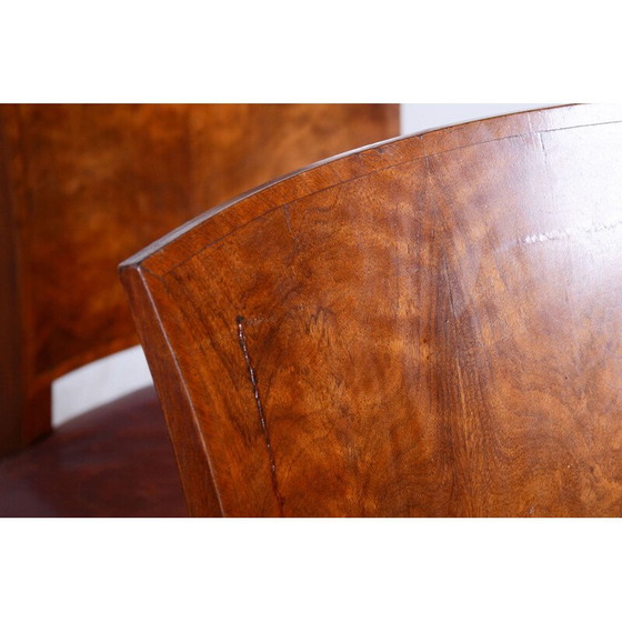 Image 1 of Set van 6 vintage Art Deco stoelen van walnoot en rood leer, Frankrijk 1920