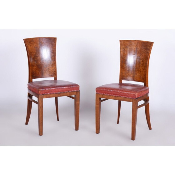 Image 1 of Set van 6 vintage Art Deco stoelen van walnoot en rood leer, Frankrijk 1920