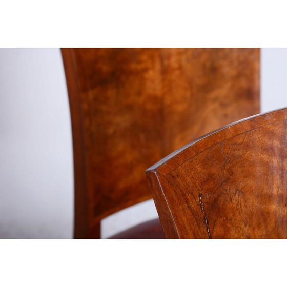 Image 1 of Set van 6 vintage Art Deco stoelen van walnoot en rood leer, Frankrijk 1920